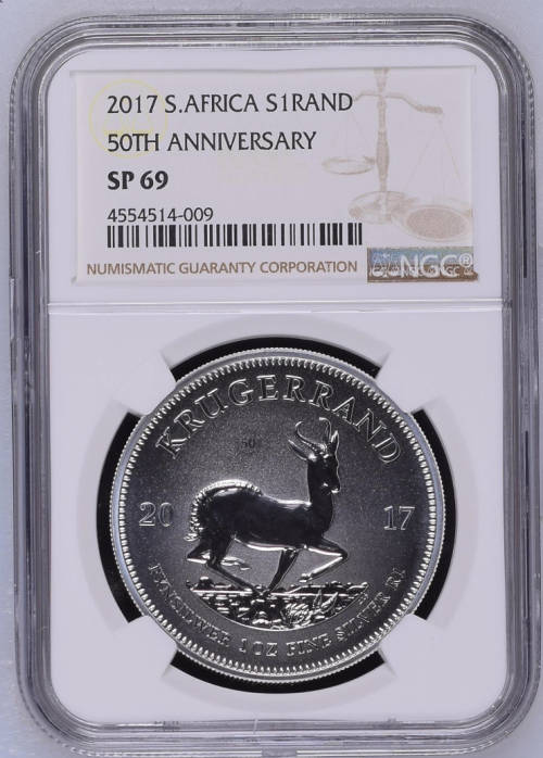 2017 - SA KRUGERRAND SILVER 1oz FINE  - PURE 999 SILVER - 50th ANNIVERSARY MINT MARK- SP69 -NGC