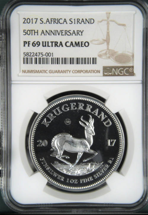 2017 SA KRUGERRAND SILVER 1oz FINE PURE 999 SILVER 50th ANNIVERSARY MINT MARK- PF69 NGC