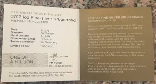 PREMIUM UNC -2017 SA KRUGERRAND SILVER 1oz FINE 999 SILVER 50th ANNIVERSARY MINT MARK-SAMINT Bag+COA
