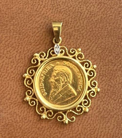 1990 KRUGER 1/10oz RARE COIN `GOLD PENDANT + DIAMOND ** 18KT PENDANT + 0.01CTS DIAMOND