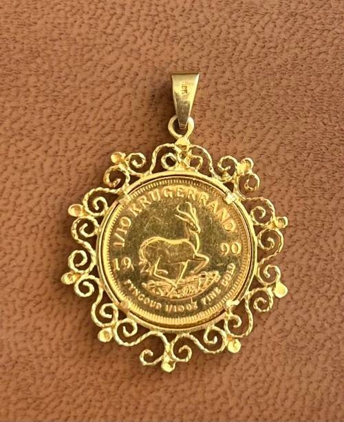 1990 KRUGER 1/10oz RARE COIN `GOLD PENDANT + DIAMOND ** 18KT PENDANT + 0.01CTS DIAMOND