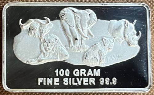 SALE`BIG 5 `100 GRAM SILVER BAR `PRINTED` ONLY 1000 MINTED COLLECTORS SERIES- BOX & CERTIFICATE
