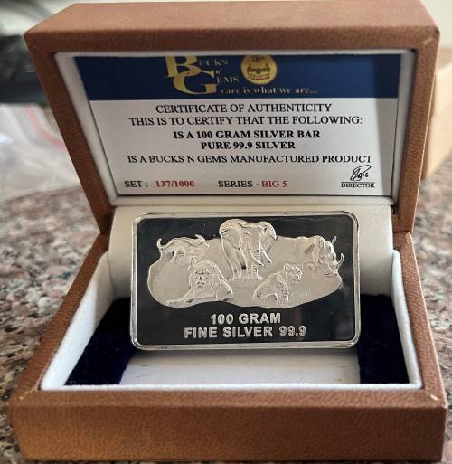 SALE`BIG 5 `100 GRAM SILVER BAR `PRINTED` ONLY 1000 MINTED COLLECTORS SERIES- BOX & CERTIFICATE