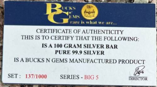 SALE`BIG 5 `100 GRAM SILVER BAR `PRINTED` ONLY 1000 MINTED COLLECTORS SERIES- BOX & CERTIFICATE