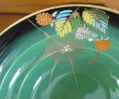 CARLTON WARE VERT ROYALE green BOWL=CARLTONWARE=Art Deco=1940+=Spiderweb=Butterflies=Flowers.
