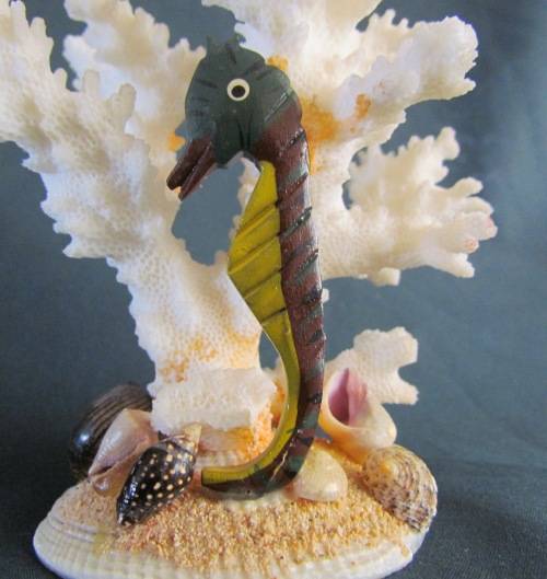 CORAL ORNAMENT on SHELL BASE=Natural Coral=Seahorse=Shells=REEF=SEA.