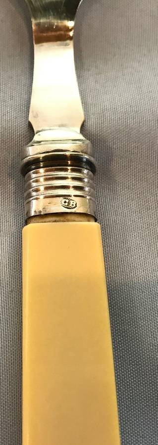 FISH SERVERS=SET=Sterling Silver Collars=EPNS=PLASTIC/BONE HANDLES=1895/6=SHEFFIELD=ENGLAND=BEATSON.
