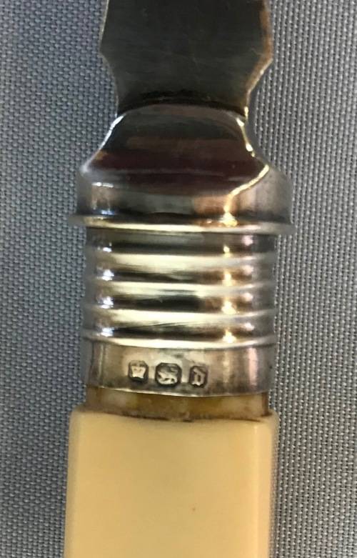 FISH SERVERS=SET=Sterling Silver Collars=EPNS=PLASTIC/BONE HANDLES=1895/6=SHEFFIELD=ENGLAND=BEATSON.