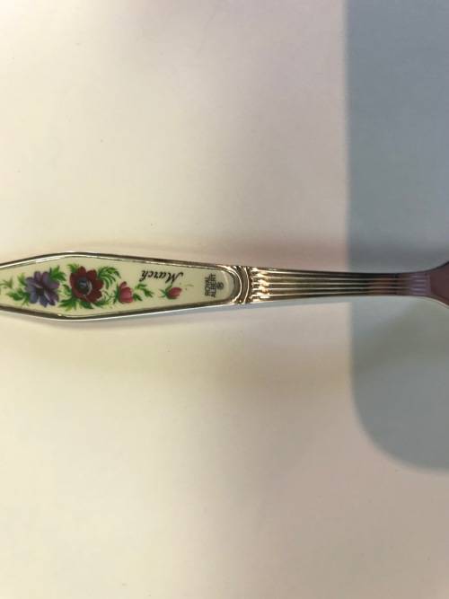 ROYAL ALBERT CAKE FORK=FLOWERS OF THE MONTH=MARCH=SILVER PLATED=Maker - HCU.