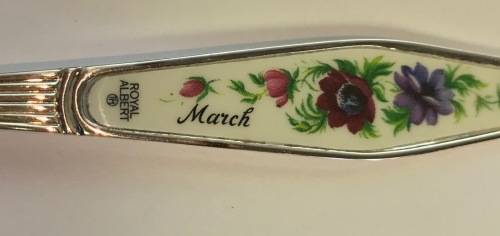 ROYAL ALBERT CAKE FORK=FLOWERS OF THE MONTH=MARCH=SILVER PLATED=Maker - HCU.