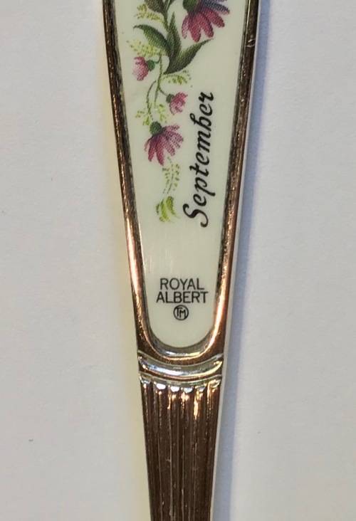 ROYAL ALBERT CAKE FORK=FLOWERS OF THE MONTH=SEPTEMBER=SILVER PLATED=Maker - HCU.