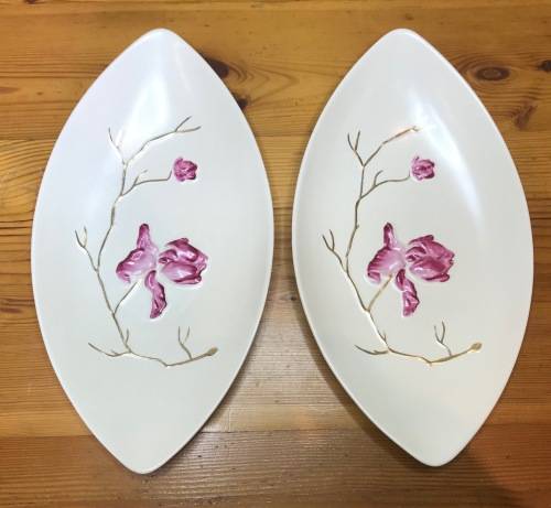 CARLTON WARE BOAT-SHAPED BOWLS PAIR (2) CARLTONWARE DISH RAISED MAGNOLIA FLOWERS STUNNING!!!!!!