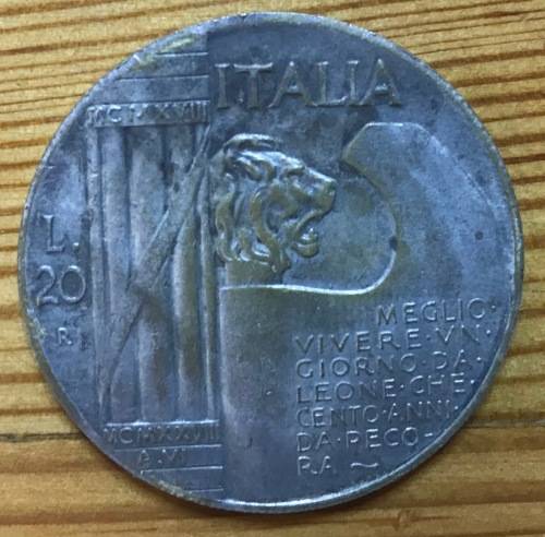 COIN=BENITO MUSSOLINI=1945=20 Lire=ITALY= Facist Italy Benito Mussolini Medal.