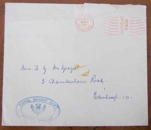 HOLYROODHOUSE PURSE BEARER DEPT. THE LORD HIGH COMMISSIONER EDINBURGH 1964 ROYALTY ROYAL MAIL.