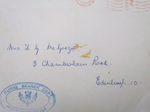 HOLYROODHOUSE PURSE BEARER DEPT. THE LORD HIGH COMMISSIONER EDINBURGH 1964 ROYALTY ROYAL MAIL.