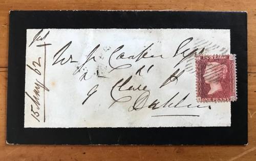 PENNY RED=on COVER=ENGLAND=IRELAND=DUBLIN=15 May 1862=MOURNING COVER=Postal History=GREAT BRITAIN.
