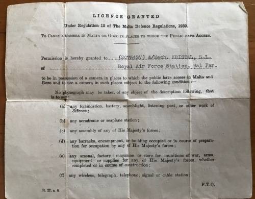 MALTA CAMERA LICENCE DEFENCE REGULATIONS 15 1939 ISSUE DATE AUGUST 1943 + LEAVE PASS ISRAEL TEL AVIV