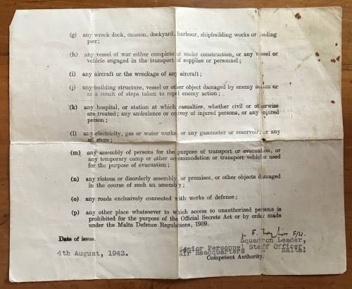 MALTA CAMERA LICENCE DEFENCE REGULATIONS 15 1939 ISSUE DATE AUGUST 1943 + LEAVE PASS ISRAEL TEL AVIV