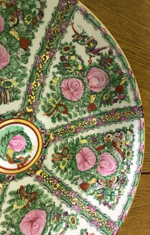 FAMILLE ROSE=CHARGER=LARGE BOWL=Made in MACAU=CHINA=CHINESE=ORIENTAL=FLOWERS=BUTTERFLIES=BIRDS=ROSE.