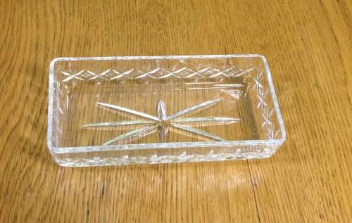 CUT GLASS DISH RECTANGULAR 150mm long x 75mm wide x 32mm deep STAR CUT SHAPES BUTTER DISH LINER.