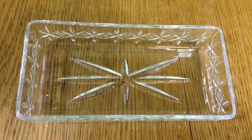 CUT GLASS DISH RECTANGULAR 150mm long x 75mm wide x 32mm deep STAR CUT SHAPES BUTTER DISH LINER.
