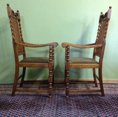 SOLID CARVED OAK BARLEY TWIST ARM CHAIRS x PAIR (2) CARVERS DINING ROOM CHAIRS AWESOME PAIR!!!