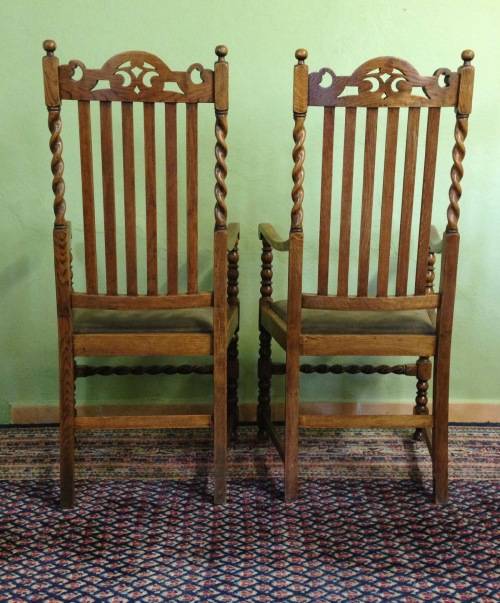 SOLID CARVED OAK BARLEY TWIST ARM CHAIRS x PAIR (2) CARVERS DINING ROOM CHAIRS AWESOME PAIR!!!