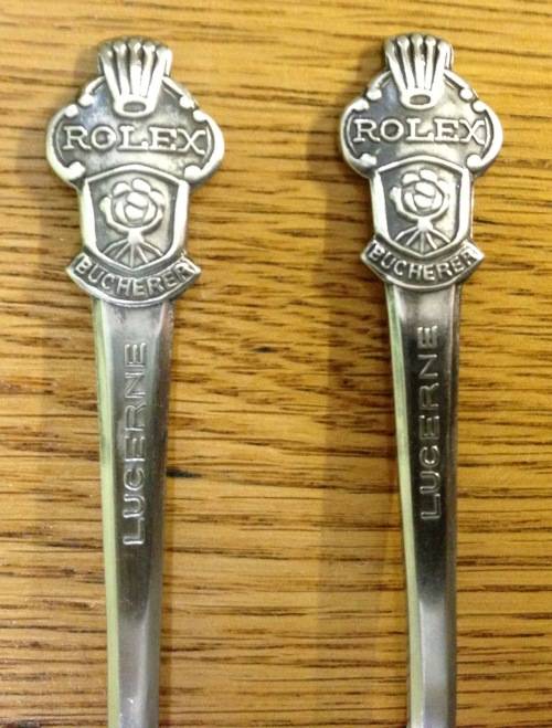 SILVER PLATED souvenir TEASPOONS x 2=BUCHERER of SWITZERLAND=LUCERNE=ROLEX WATCHES PROMOTION SPOONS!