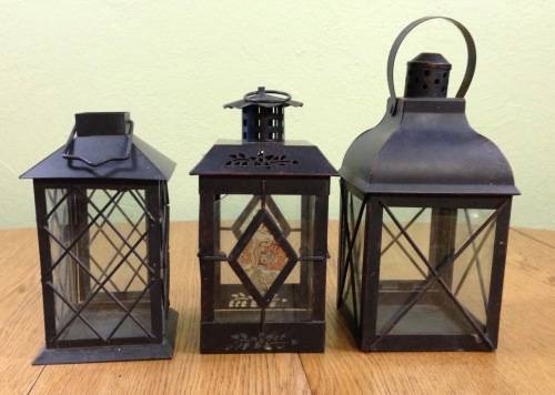 OUTDOOR TEALIGHT CANDLE LANTERNS x 3=DIFFERENT SIZES=USING TEALIGHTS or CANDLES=BLACK PAINTED METAL