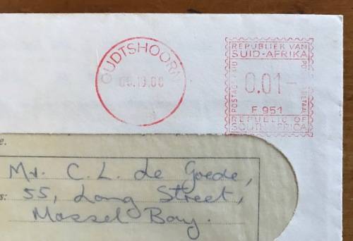 TRUST BANK ITEM REPUBLIC of SOUTH AFRICA RSA ORDINARY MAIL OUDTSHOORN 1966 with CREDIT NOTE!!!