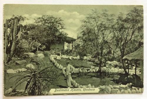 POSTCARD BOOKLET POST CARD RHODESIA ZIMBABWE BUSHMANS HAUNTS CACTUS ALOES HUT RONDAVEL TREES BandW b