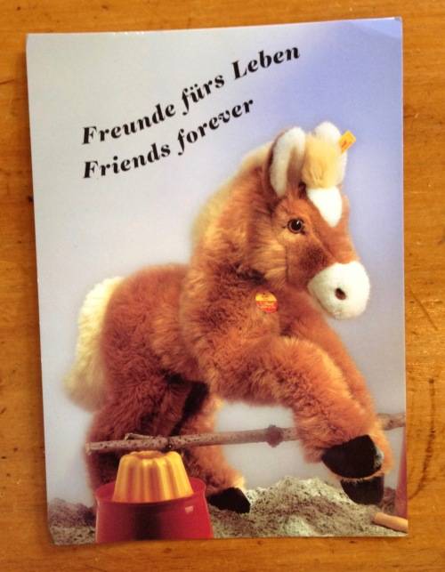POSTCARD POST CARD GERMANY STEIFF GIENGEN FLUFFY TOY HORSE FRIENDS FOREVER!!!