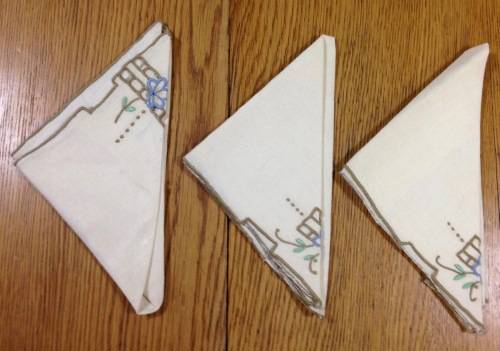 COCKTAIL SERVIETTES x 3 MATERIAL CLOTH LINEN EMBROIDERY BLUE WHITE BROWN EDGED STUNNING!!!!