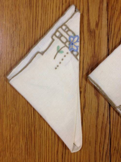 COCKTAIL SERVIETTES x 3 MATERIAL CLOTH LINEN EMBROIDERY BLUE WHITE BROWN EDGED STUNNING!!!!