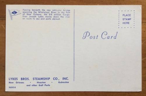 SHIP POSTCARD POST CARD JOSEPH LYKES LYKES BROS STEAMSHIP CO. NEW ORLEANS USA HOUSTON GALVESTON GULF