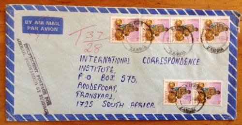 ZAMBIA 3 x AIRMAIL LETTERS ALL TAXED INSUFFICIENT POSTAGE CACHETS RHINOCERUS 1982/3 to SOUTH AFRICA.