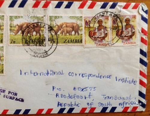 ZAMBIA 3 x AIRMAIL LETTERS ALL TAXED INSUFFICIENT POSTAGE CACHETS RHINOCERUS 1982/3 to SOUTH AFRICA.