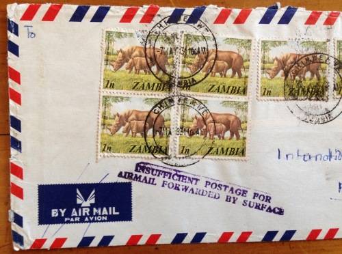 ZAMBIA 3 x AIRMAIL LETTERS ALL TAXED INSUFFICIENT POSTAGE CACHETS RHINOCERUS 1982/3 to SOUTH AFRICA.