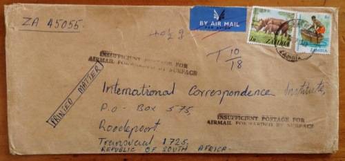 ZAMBIA 3 x AIRMAIL LETTERS ALL TAXED INSUFFICIENT POSTAGE CACHETS RHINOCERUS 1982/3 to SOUTH AFRICA.