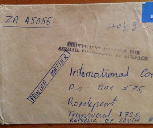 ZAMBIA 3 x AIRMAIL LETTERS ALL TAXED INSUFFICIENT POSTAGE CACHETS RHINOCERUS 1982/3 to SOUTH AFRICA.