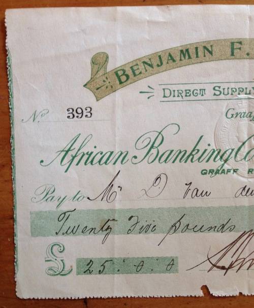CHEQUE=1899=AFRICAN BANKING CORPORATION LIMITED=GRAAFF REINET=CAPE of GOOD HOPE=121 years