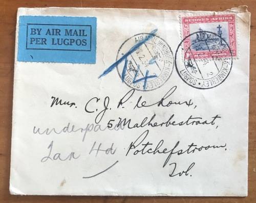SOUTH WEST AFRICA AIRMAIL LUGPOS 1934 WINDHOEK-KIMBERLEY Underpaid 4d TAXED 4c N.G. KERK TRANSVAAL.
