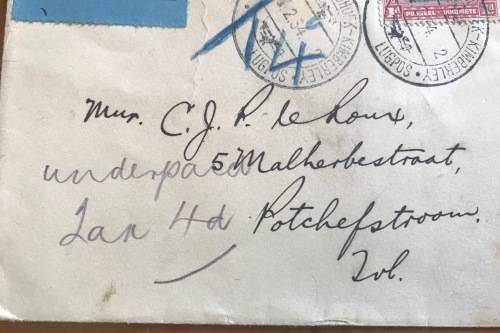 SOUTH WEST AFRICA AIRMAIL LUGPOS 1934 WINDHOEK-KIMBERLEY Underpaid 4d TAXED 4c N.G. KERK TRANSVAAL.