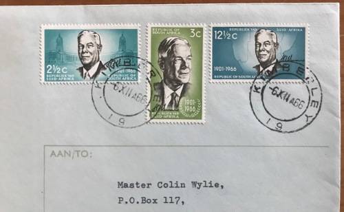 SOUTH AFRICA FDC No. 4 6.12.1966 HENDRIK VERWOERD COMMEMORATION KIMBERLEY cds to MANGULA RHODESIA b