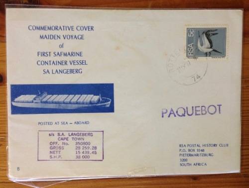 COMMEMORATIVE COVER MAIDEN VOYAGE 1st SAFMARINE VESSEL SA LANGEBERG 1977 PAQUEBOT POSTED AT SEA SHIP