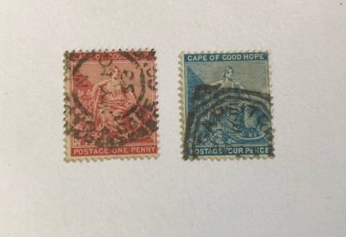 CAPE TOWN cancellations=COMPASS WHEEL=1 penny red CGH=SQUARED OCTAGON=4 penny blue=PUTZEL 58 + 60.