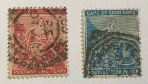 CAPE TOWN cancellations=COMPASS WHEEL=1 penny red CGH=SQUARED OCTAGON=4 penny blue=PUTZEL 58 + 60.