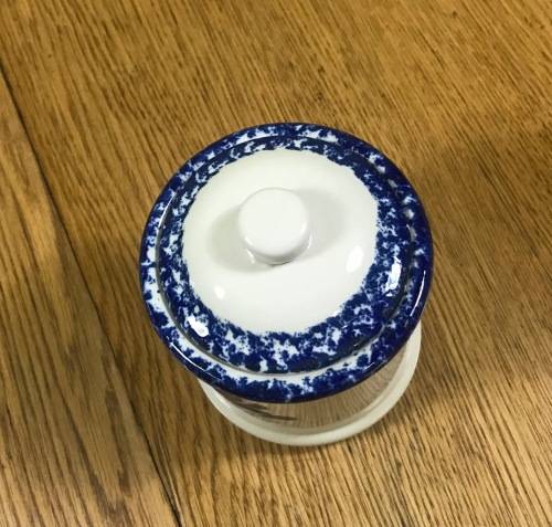 SUGAR / JAM BOWL with LID DARK BLUE and WHITE HEARTS EARTHENWARE POTTERY