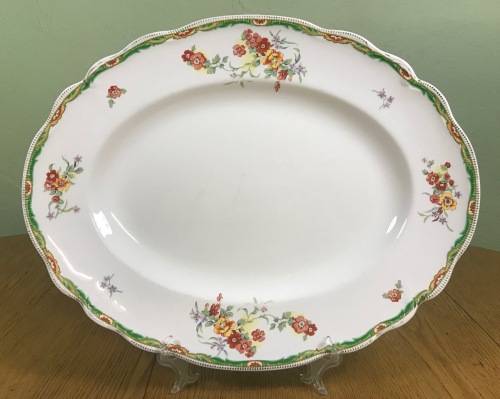 PLATTER=LARGE OVAL=JOHNSON BROTHERS=MADE in ENGLAND=OLD STAFFORDSHIRE=FLOWERS=FLORAL=RIDGED BORDER