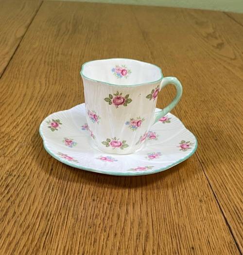 COFFEE DUO=DEMITASSE=SHELLEY=ROSEBUD PATTERN=FINE BONE CHINA=ROSES=STUNNING!!!!=EXPRESSO=Cappuccino!